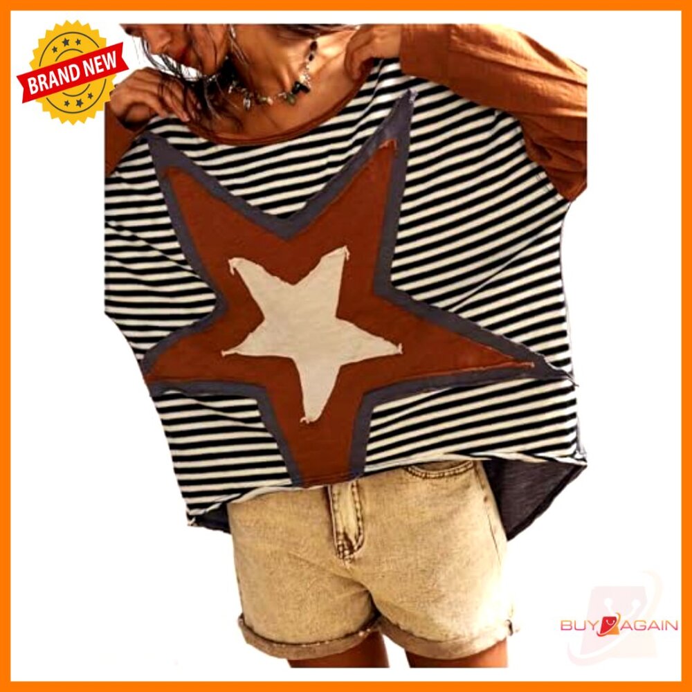 Striped Star Patchwork Crew Neck Drop Shoulder Ov… - image 4